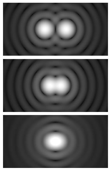 Airy diffraction patterns generated by light from **two point sources** passing through a circular aperture. Points far apart (top) or meeting the Rayleigh criterion (middle) can be distinguished. Points closer than the Rayleigh criterion (bottom) are difficult to distinguish.